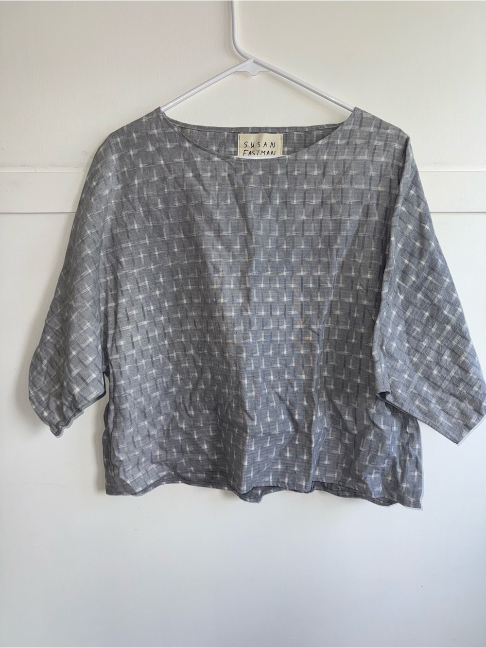 Susan Eastman Tomiko Tee Shirt Grey Windowpane Top One Size Boxy Lagenlook Artsy